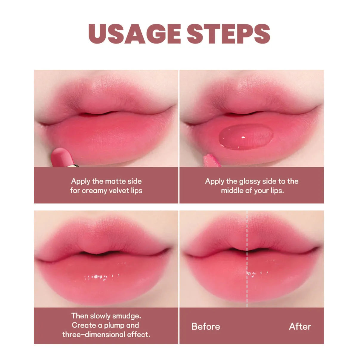 Double-headed lipstick and lip gloss set showing 10 colour options with dual-tip applicator design