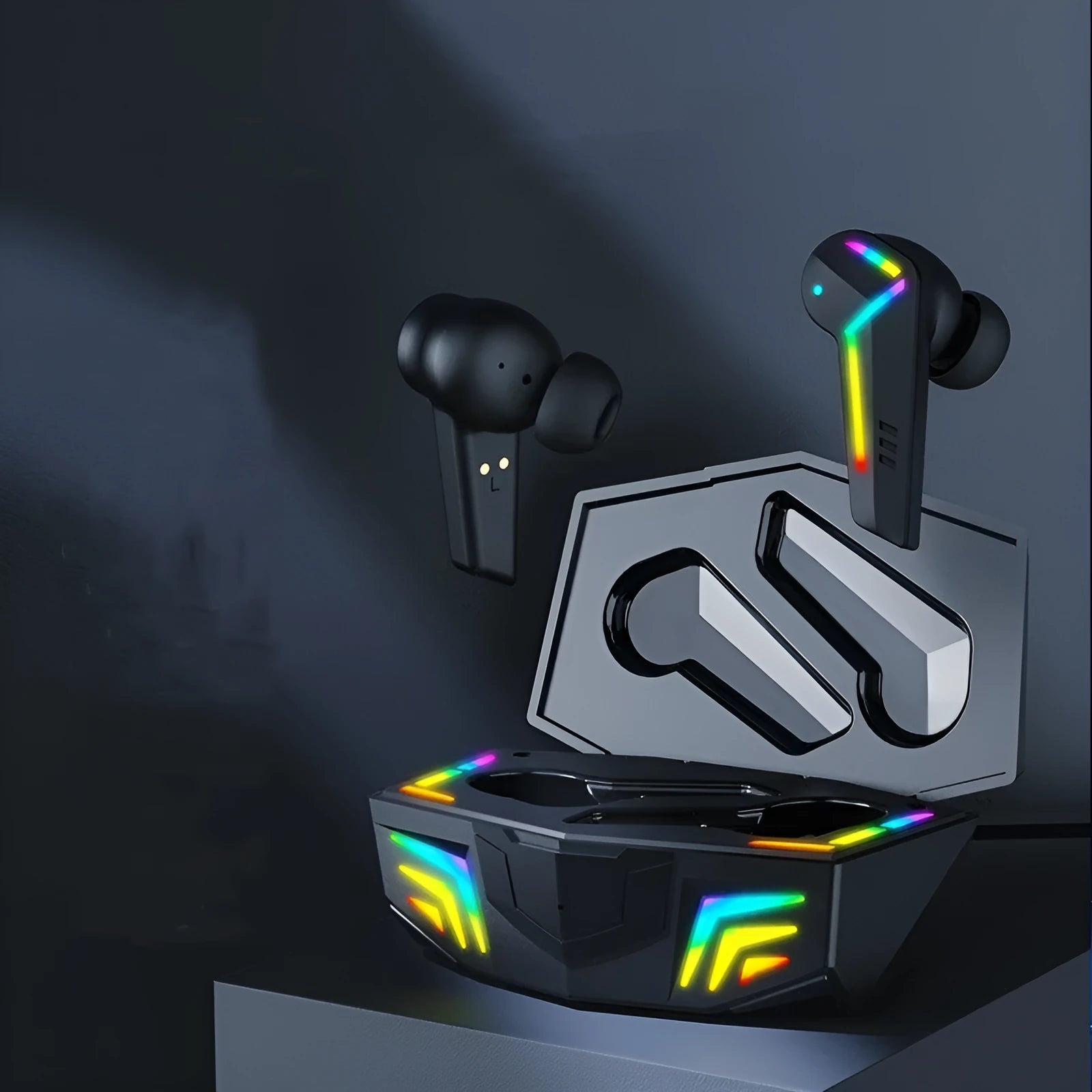 Small black TWS Bluetooth sports headset with earplug design and wireless connectivity