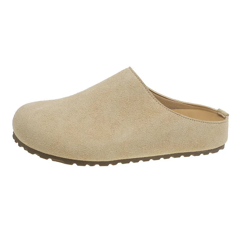 Pair of ugly soft flat Korean style slippers with square toe, shown in apricot colour.