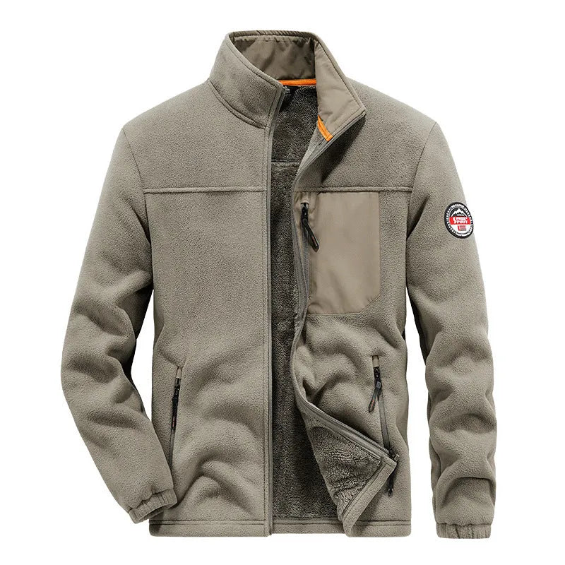 Men's outdoor fleece cardigan in solid colour with zip and pocket closure, regular length