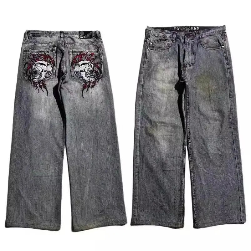 Grey washed-out men's jeans with a straight wide-leg cut and mid-rise waist
