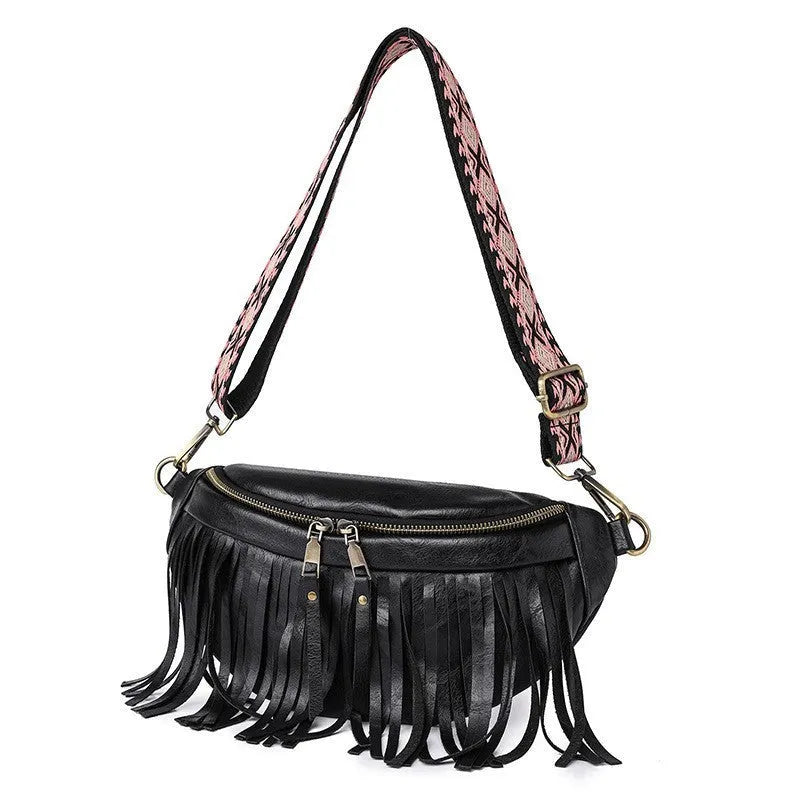 PU leather retro tassel messenger bag with crossbody strap in macaron gray