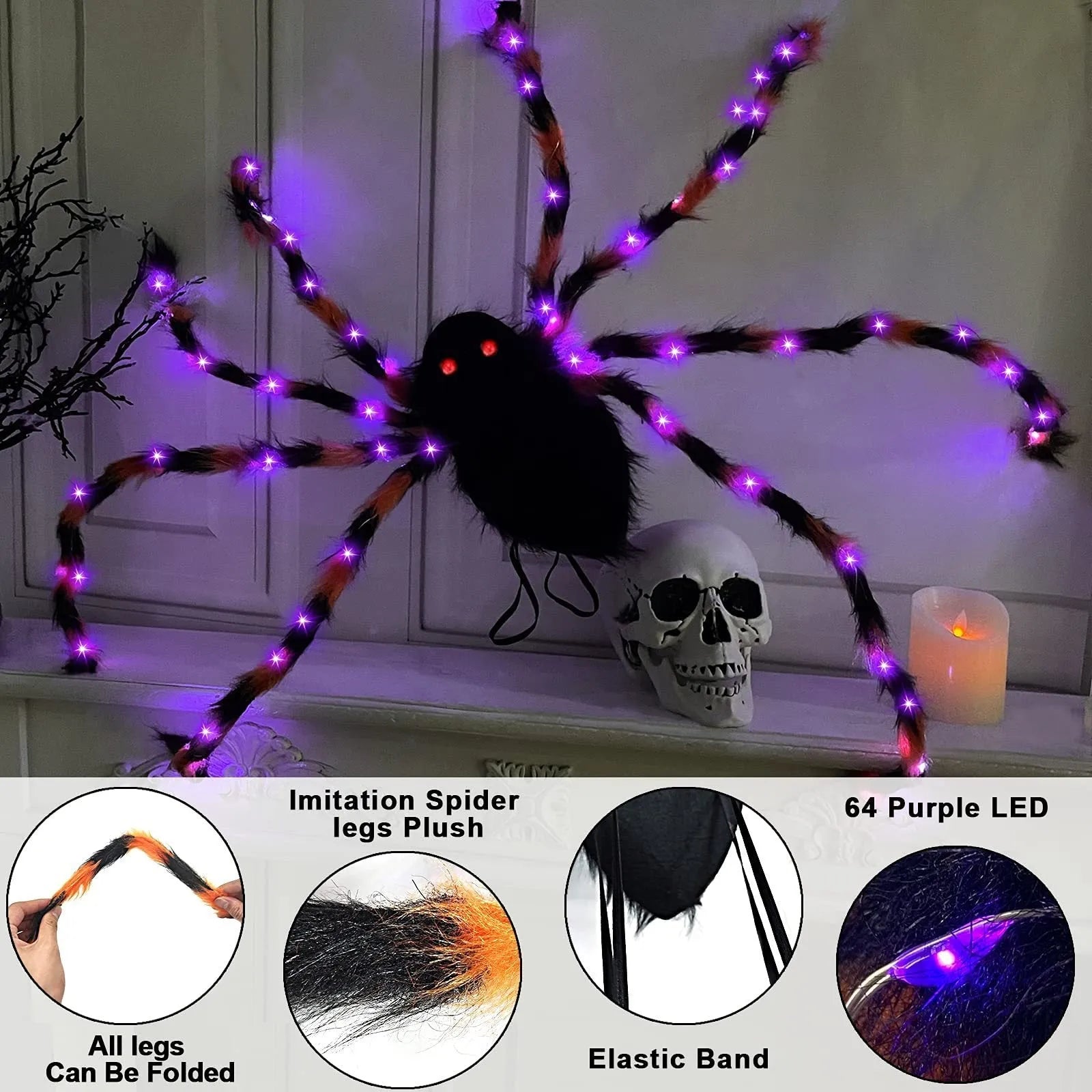 Halloween spider backpack with LED lighting in plush sugar bag construction