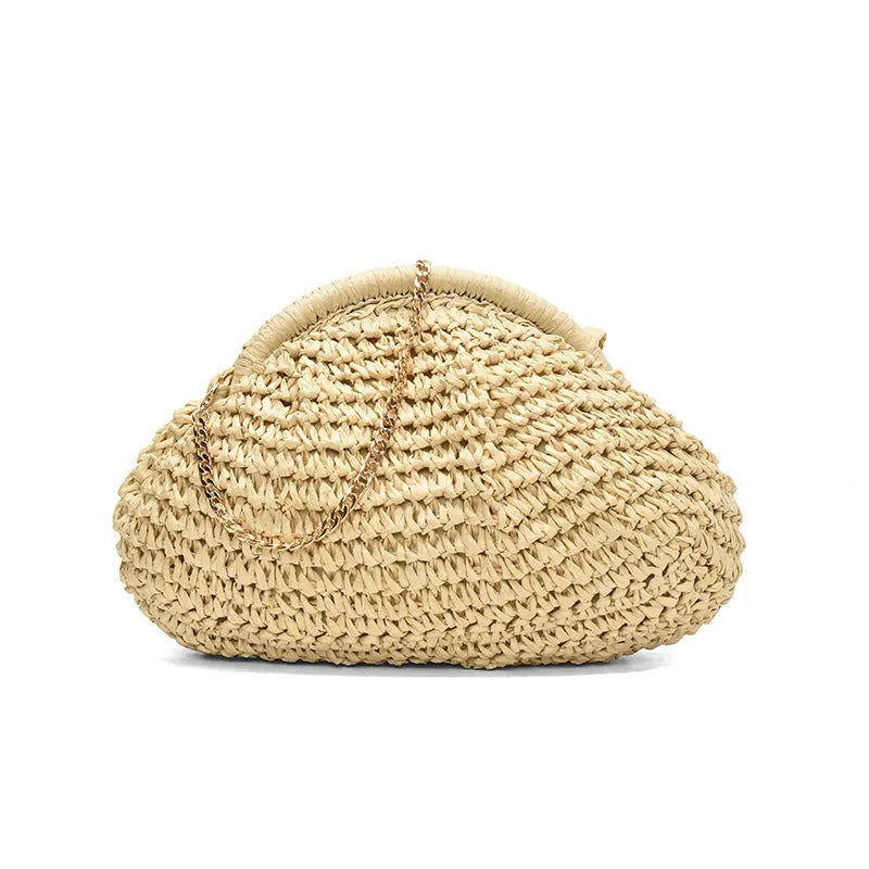 Shell-shaped straw shoulder bag with chain trim in khaki colour