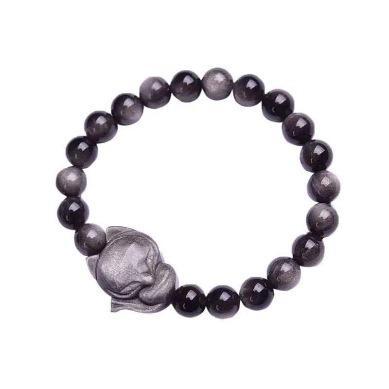 Obsidian bracelet with fox ring charm on 8mm polished black stone beads showing adjustable sliding knot closure
