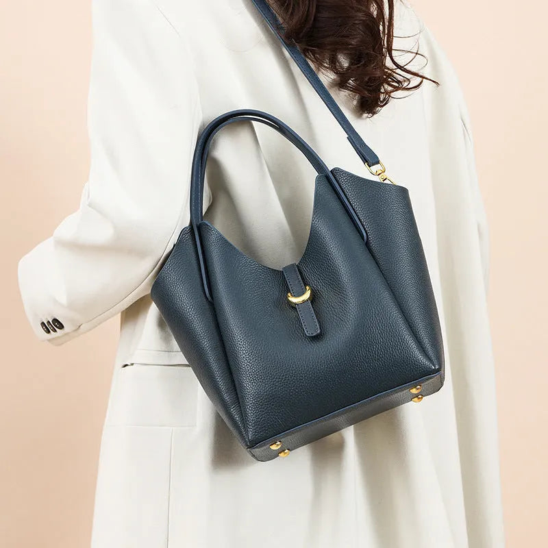 Genuine leather retro bucket bag with file compartment in lake blue colour option