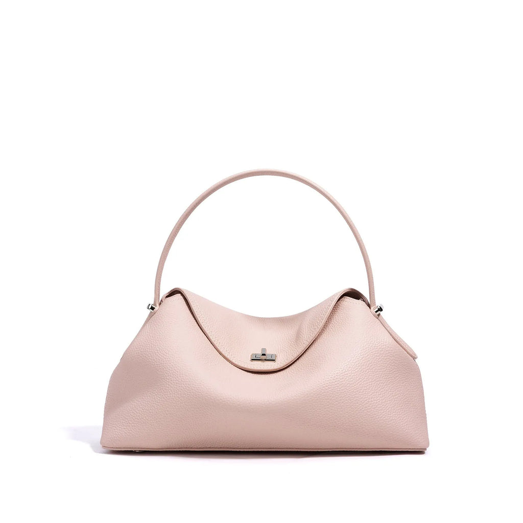 First layer cowhide leather shoulder messenger bag in pillow shape, golden brown colour, with double shoulder strap and open pocket