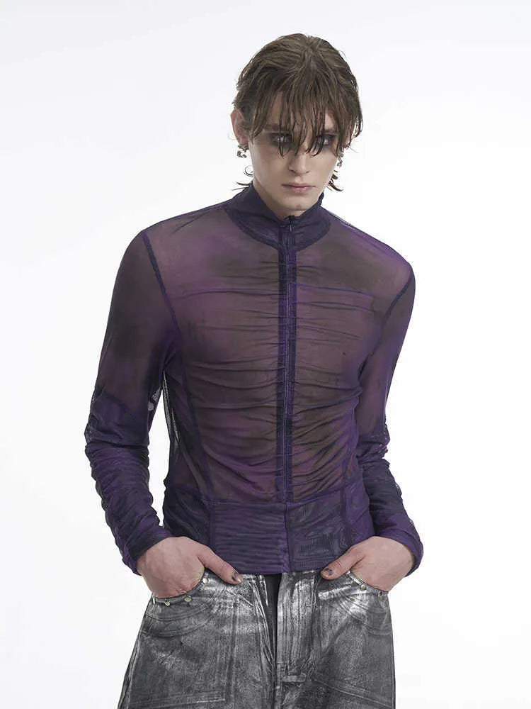 Men's half turtleneck mesh zipper bottoming shirt long-sleeved t-shirt in Black Red and Black Gray