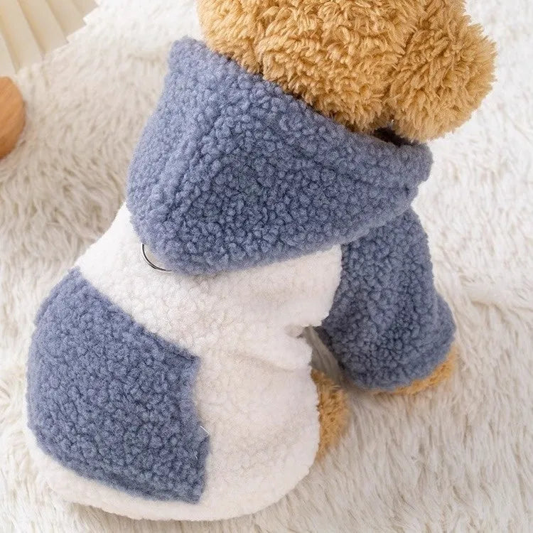 Thickened hooded cotton-padded coat for small dogs in brown and blue, sizes XS-XL