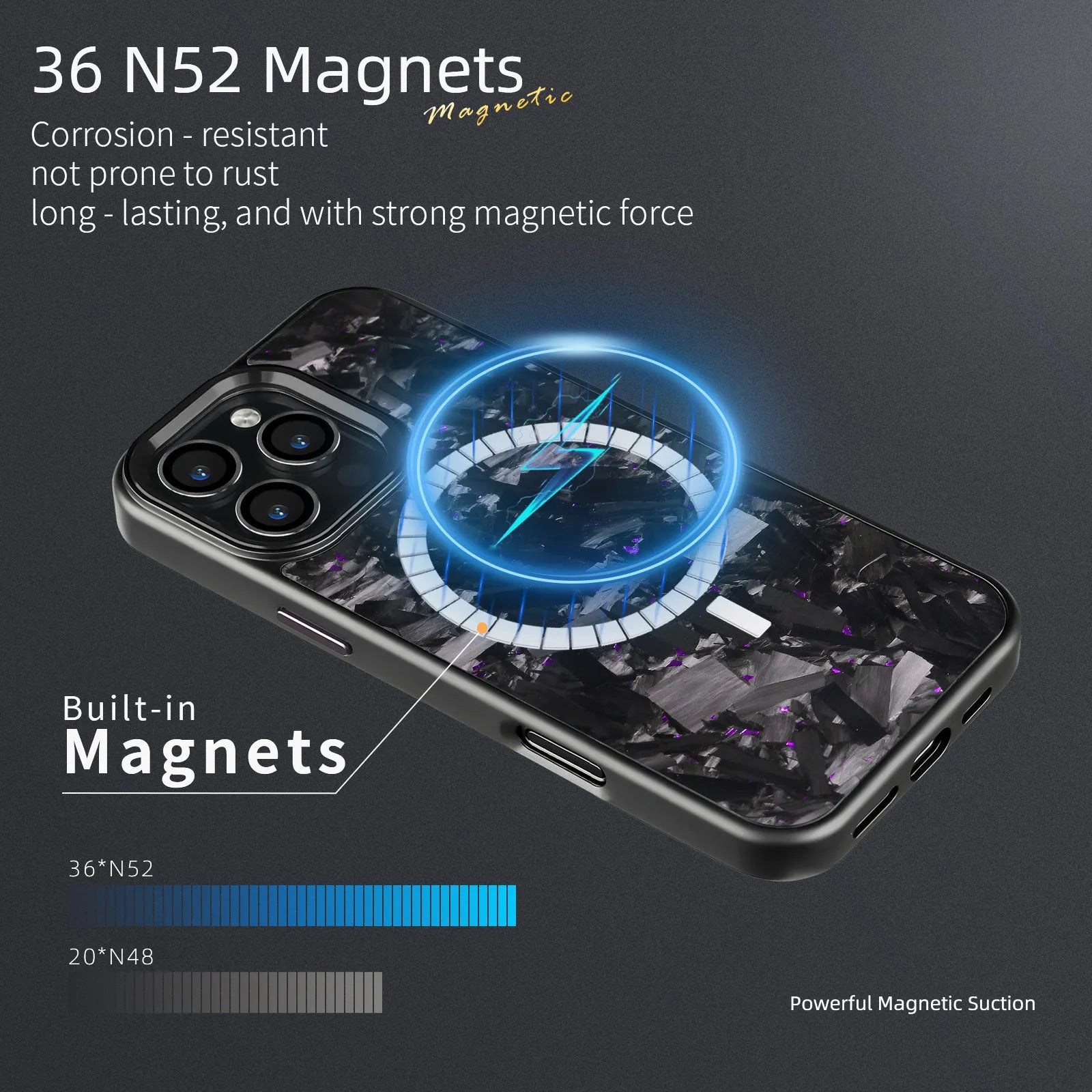 Black carbon fibre mobile phone case with a metal frame and magnetic feature for iPhone 17 models.