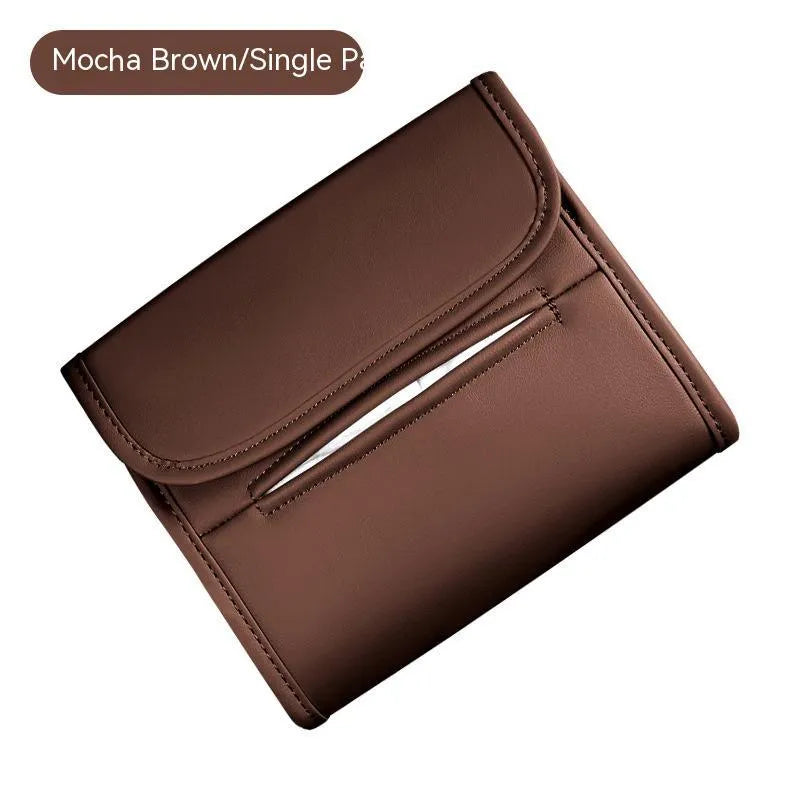 Leather car tissue box with elastic band for mounting on vehicle sun visor or headrest