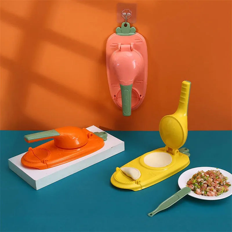 2-in-1 plastic dumpling dough press maker in orange and white, with ergonomic handle and hanging hole for storage