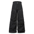 Black multi-pocket pleated workwear jeans made from cotton denim, mid-waist, zip placket, on display for teenagers