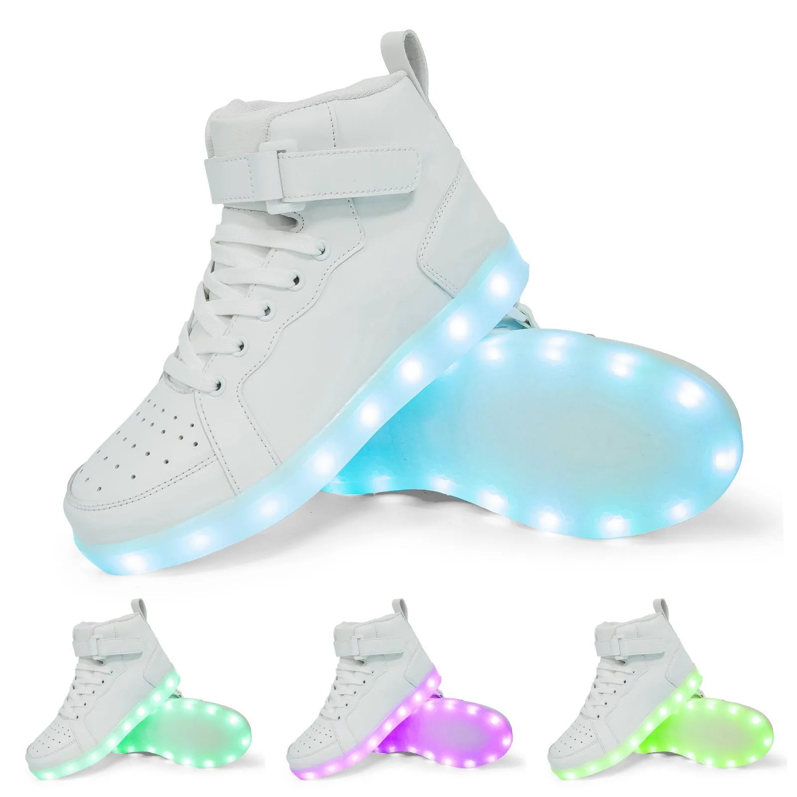 LED high-top light-up shoes in black with Velcro strap and rubber sole.