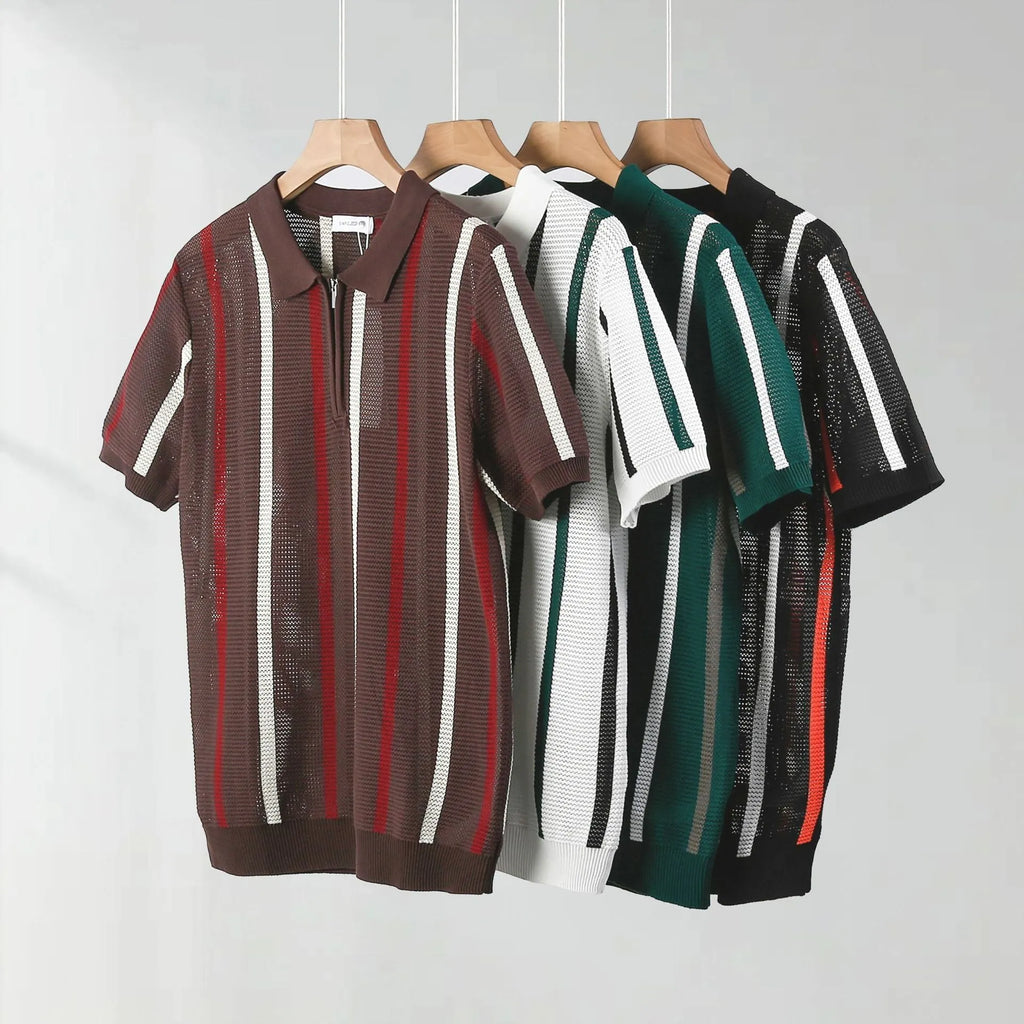 Hollow mesh short-sleeved polo shirt in Ice Silk fabric with zipper decorations, loose fit