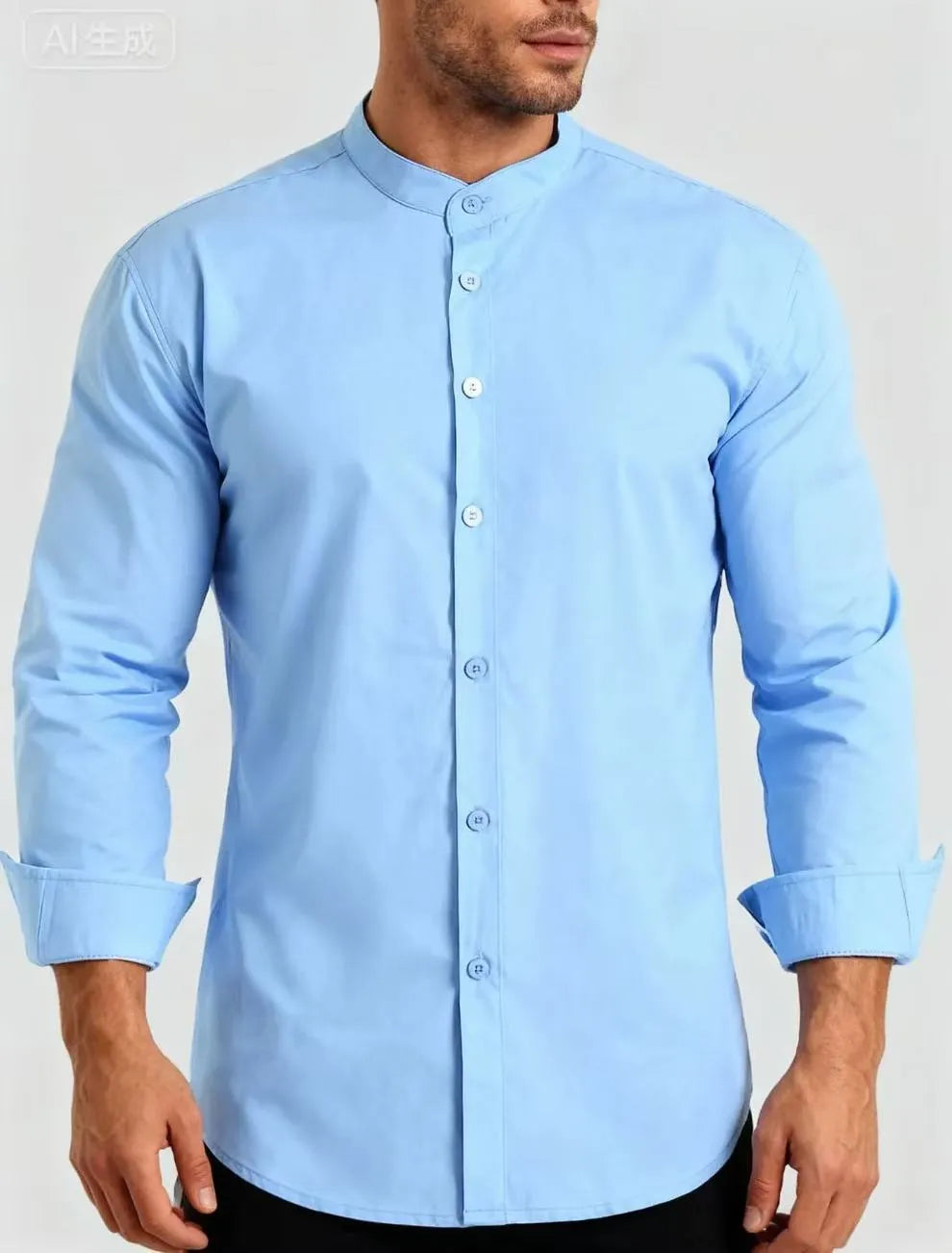 Teenage men's light blue stand-up collar shirt with fitted silhouette