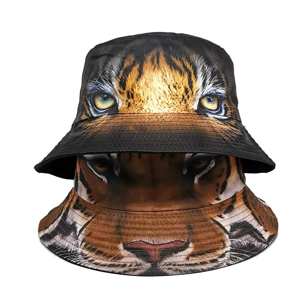 Tiger Pattern Bucket Hat European and American Outdoor Sun Protection Cap Khaki Tiger Black Tiger Dome Crown M 56-58cm Polyester Four Seasons Retro Style Unisex