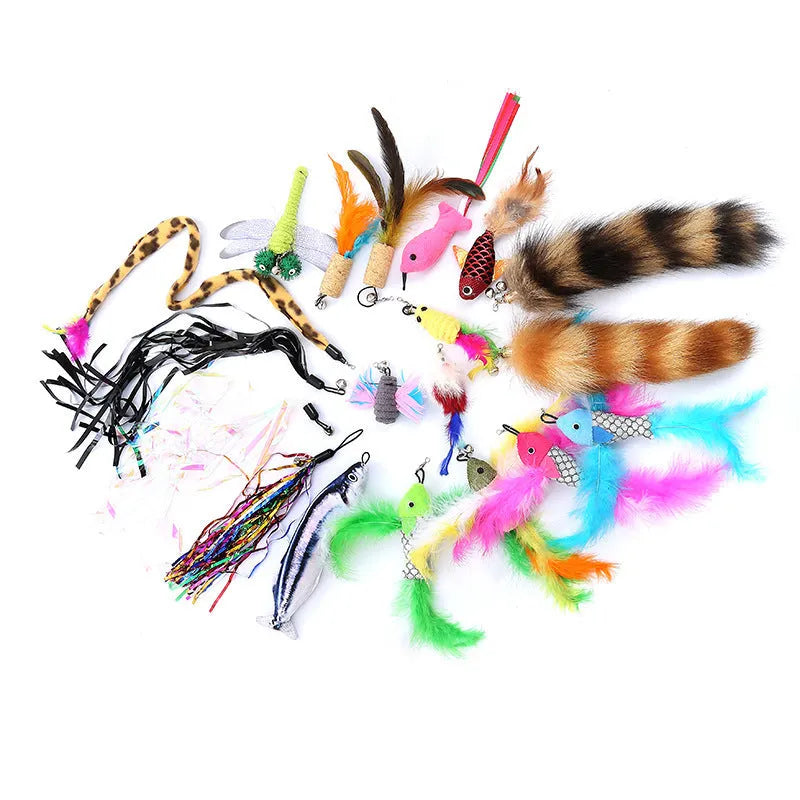 Cat handheld teaser fishing rod set with feather replacement heads and three-section design