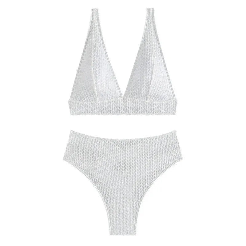 White women's backless bikini set with solid colour, polyester fabric, and spandex lining, available in sizes XS to L