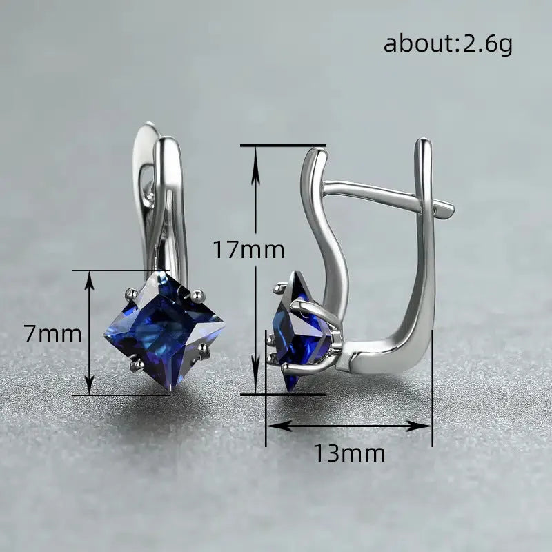 Copper women's earrings with inlaid zircon diamond design in blue, green, or colour variants.