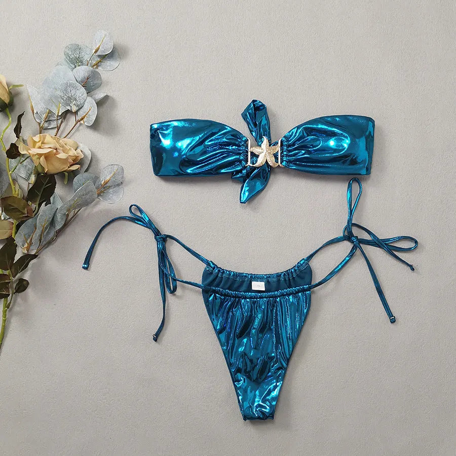 Women's glossy blue tube top bikini with gold starfish detail on quick-drying polyester fabric