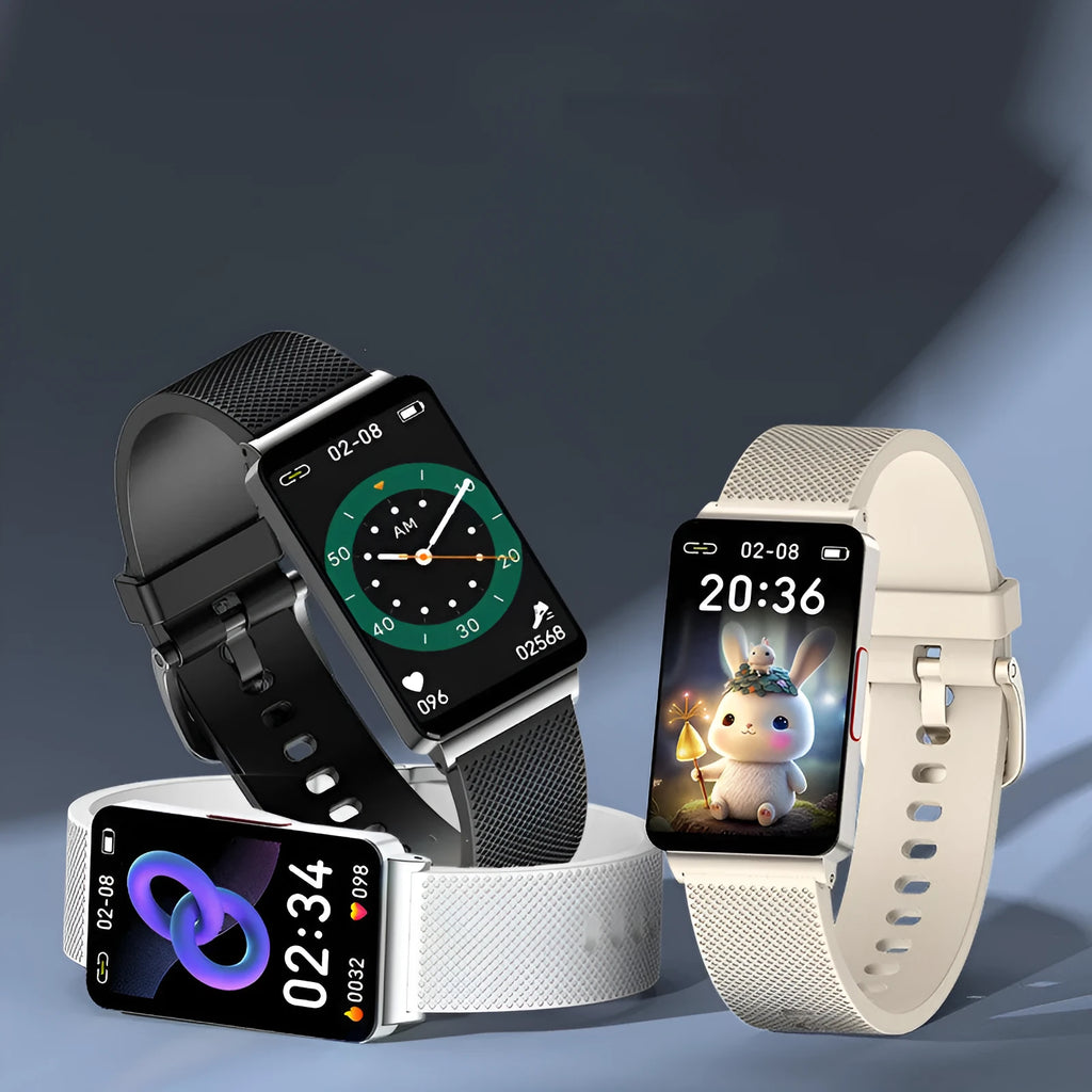 EP08 smart bracelet with touch screen on a wrist, showing black, gold, and silver TPU strap options.