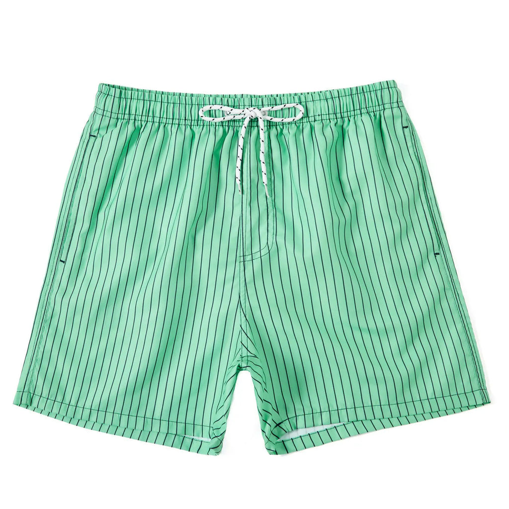 Striped polyester beach shorts with straight leg opening in navy blue grey khaki light blue colours