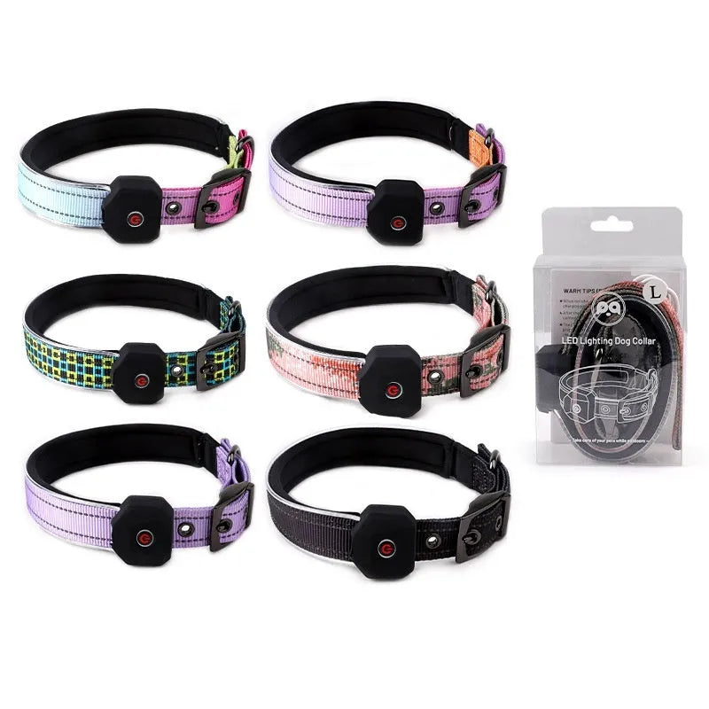LED USB rechargeable dog collar in blue green plaid with reflective stripe, shown on a dog's neck.