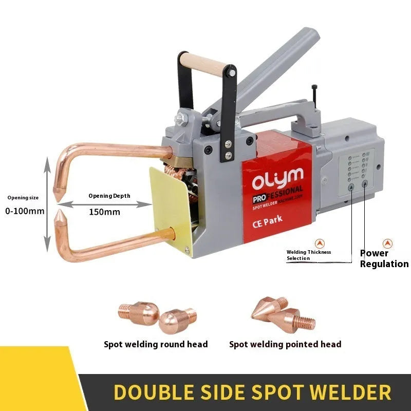 OL8000 double-sided manual spot welding machine with round and pointed heads.