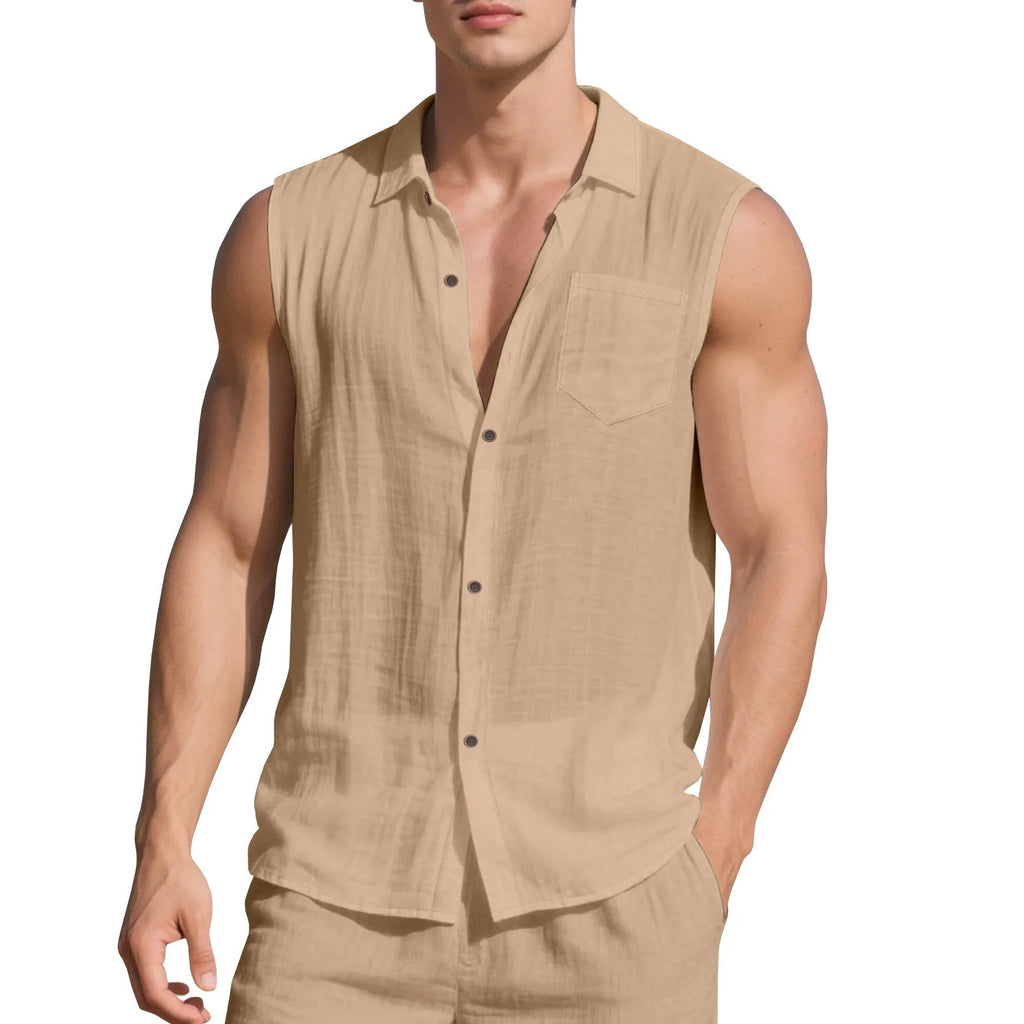 Sleeveless linen polo collar cardigan vest in light blue, loose fit, on a white background