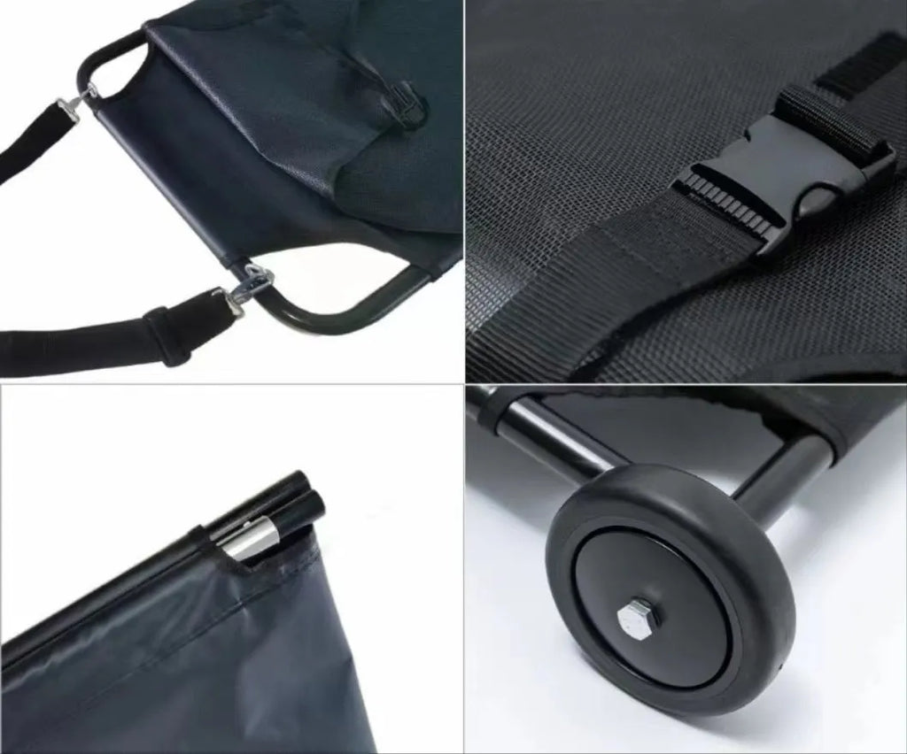 Large black aluminium alloy pet stretcher shown in a folded storage configuration.