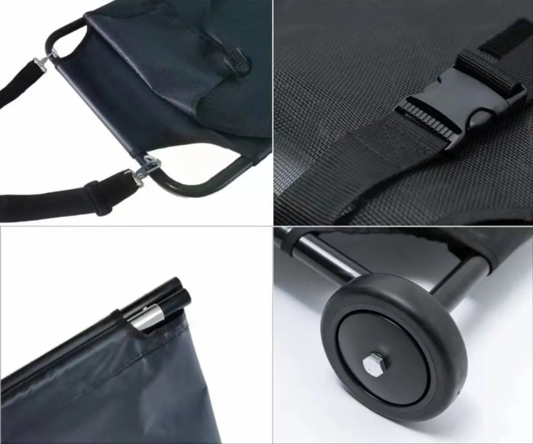 Large black aluminium alloy pet stretcher shown in a folded storage configuration.