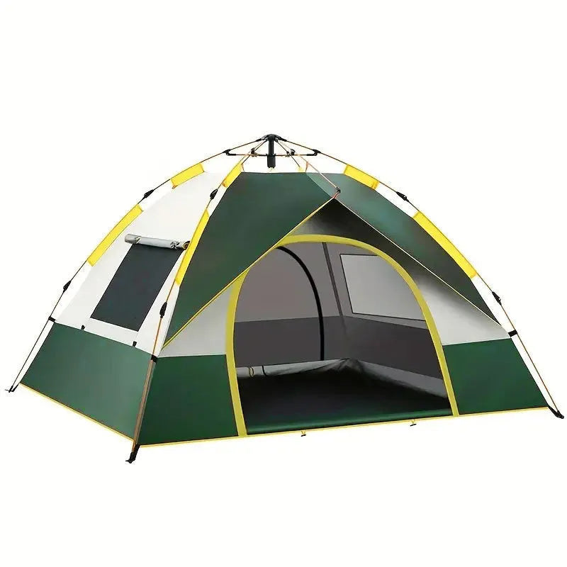 Dark green automatic pop-up camping tent for 3-4 people with silver-coated canopy