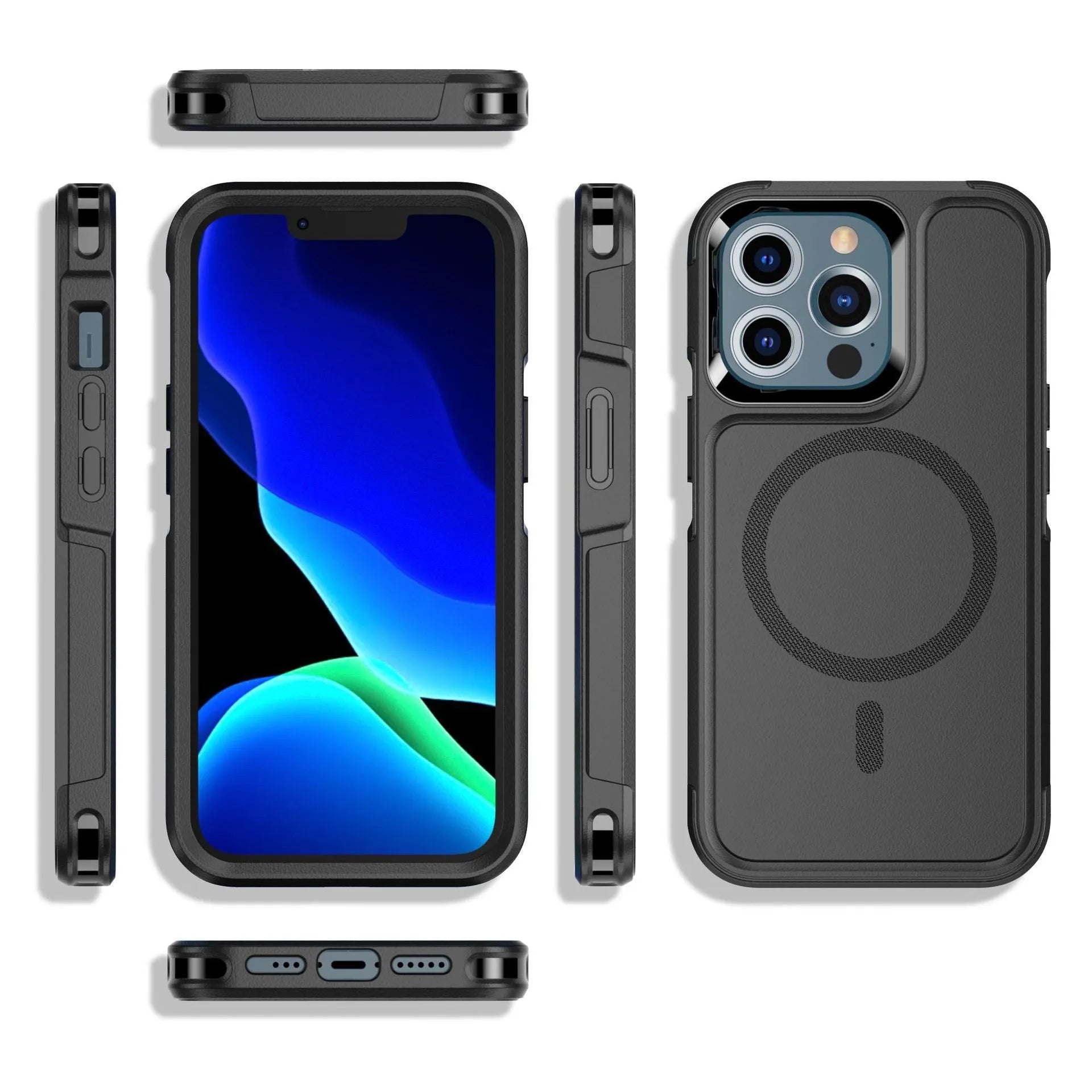Shatterproof magnetic phone case for iPhone 12 13 series – black PC TPU back cover