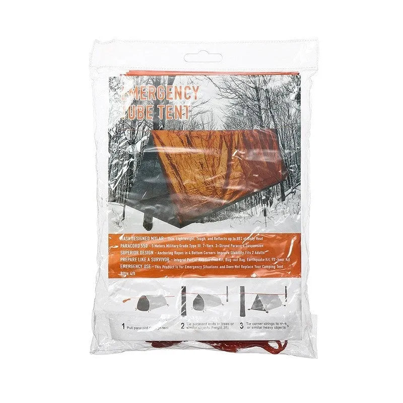 Portable orange disaster relief tent with sleeping bag and raincoat emergency shelter system
