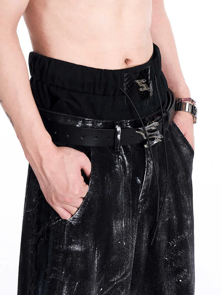 Black men's leather belt with metal buckle, made from two-layer cowhide, showing 110cm length