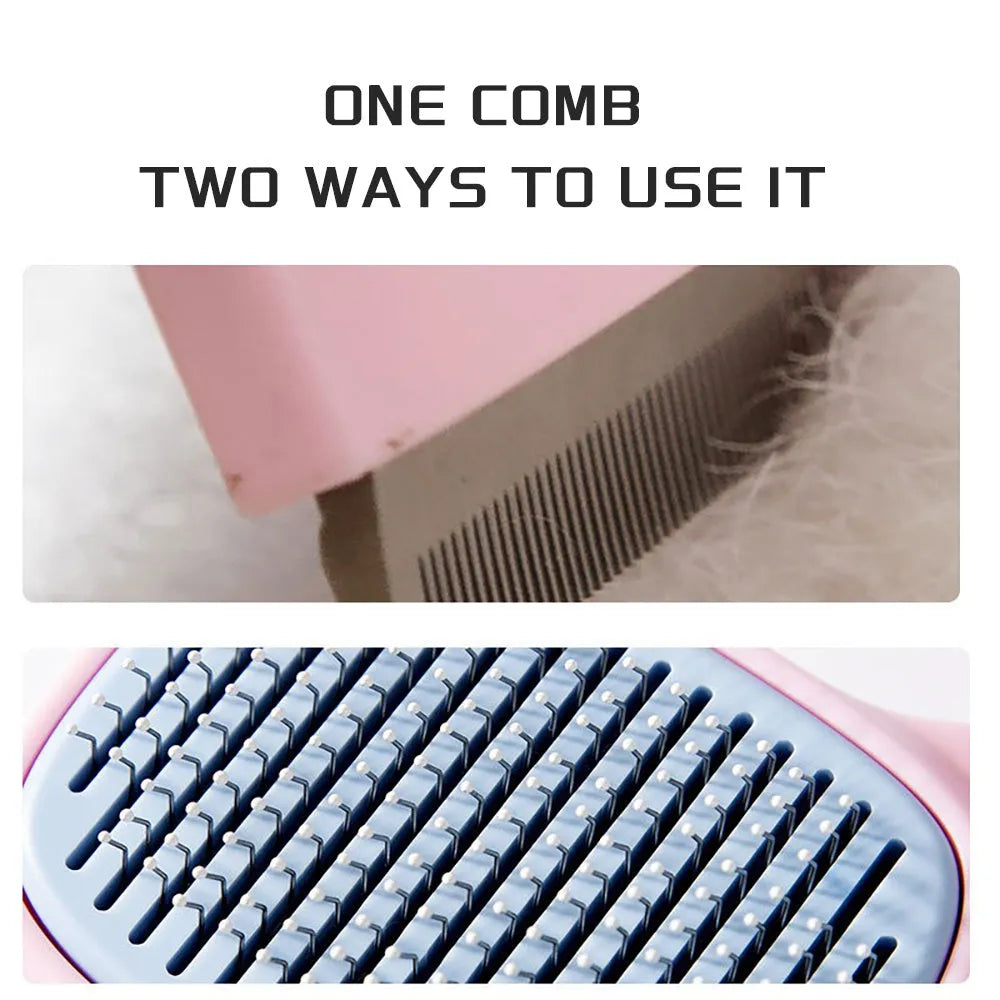 Blue double-sided pet grooming brush with deshedding teeth and dematting comb, 195mm long