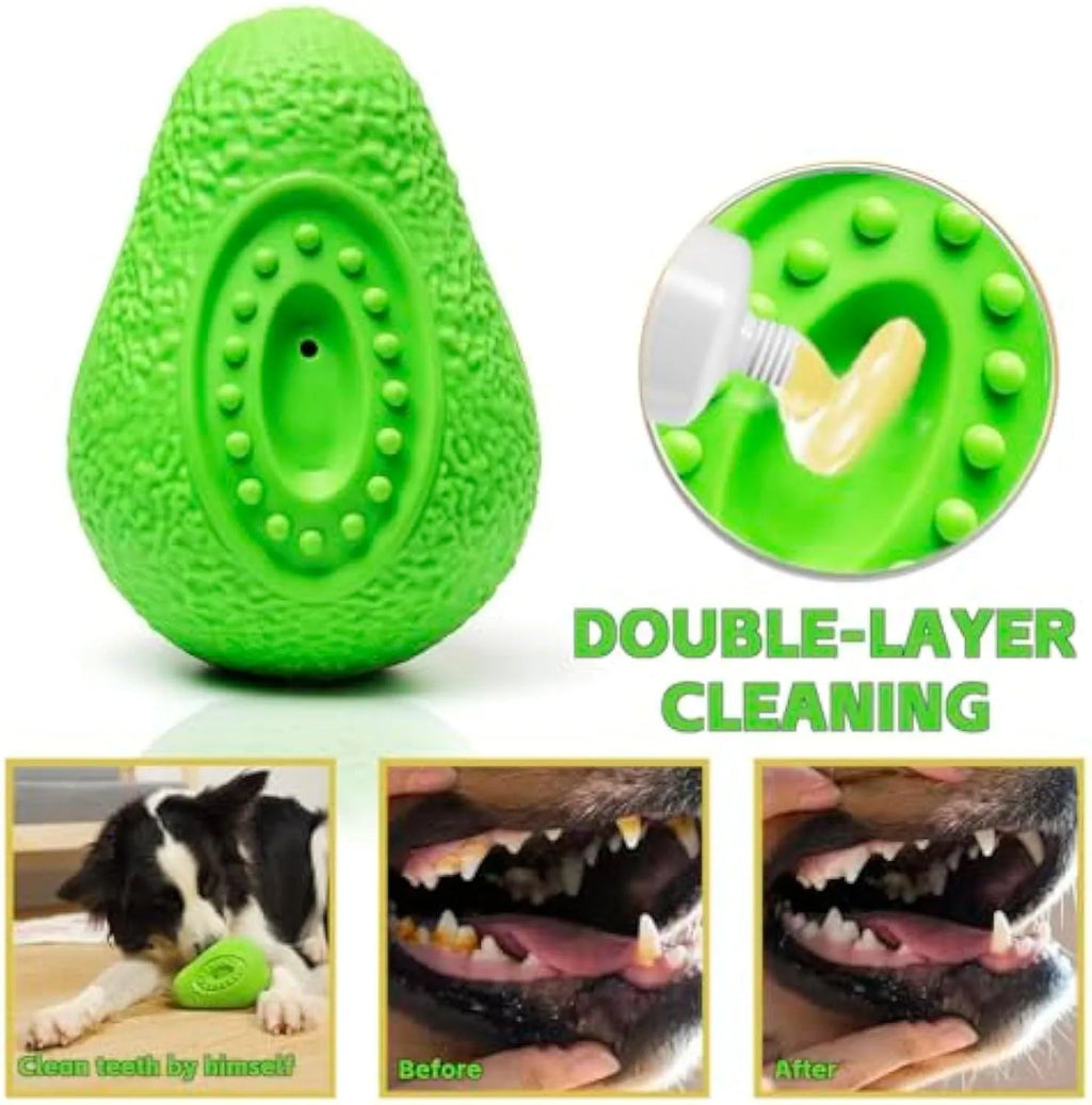 Green natural rubber dog chew toy with avocado shape and hollow food cavity