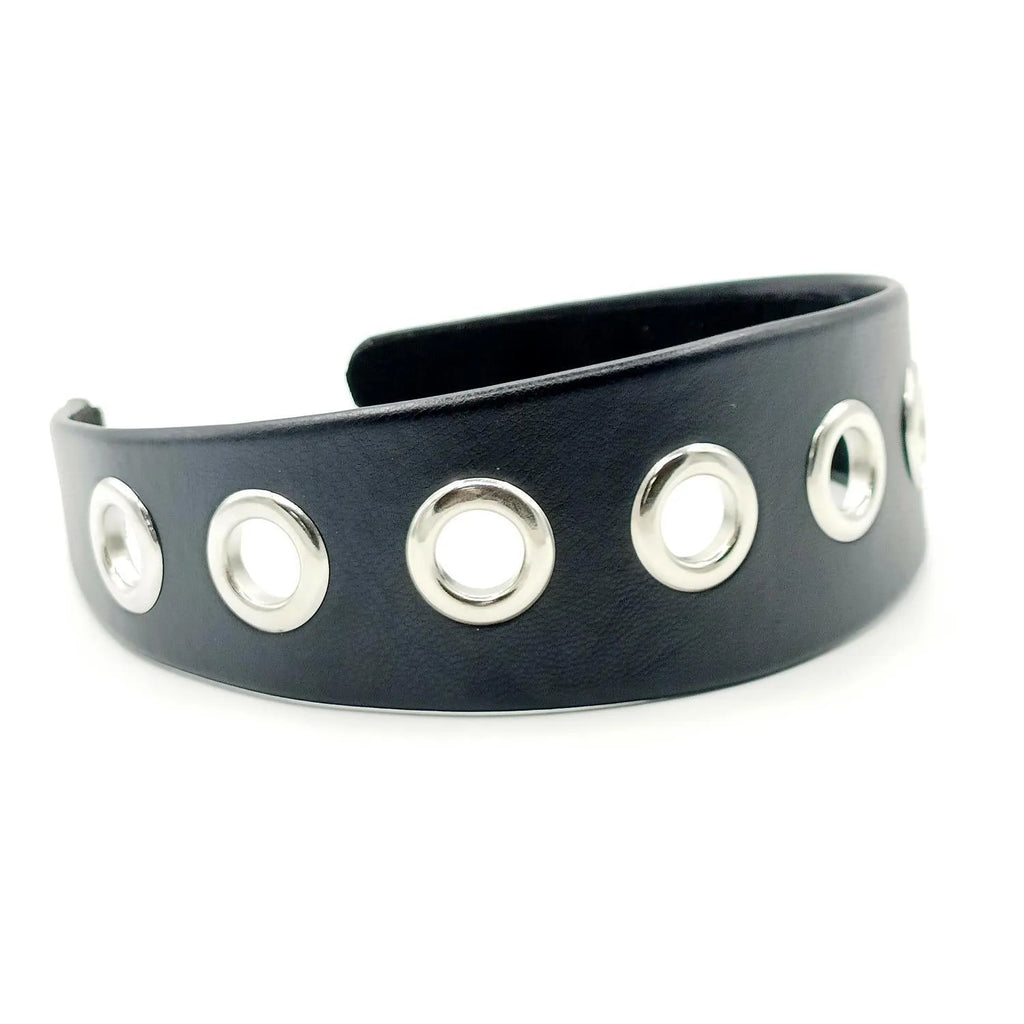 Wide black artificial leather headband with round and square rivets, handmade punk style for women