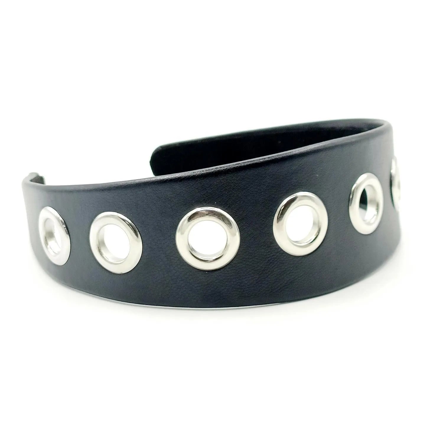 Wide black artificial leather headband with round and square rivets, handmade punk style for women