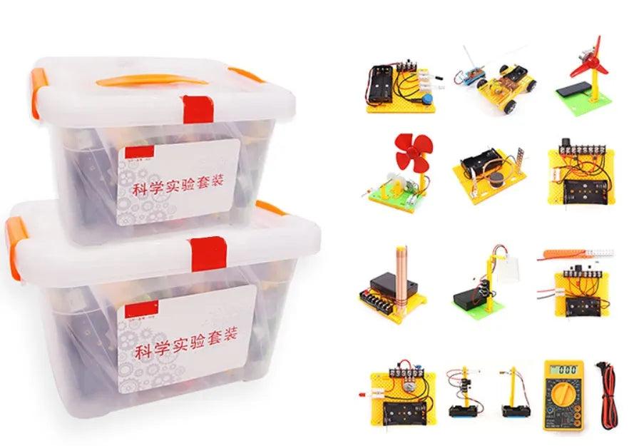 DIY electronic science experiment set with plastic solar fan, hand generator, simple motor, and music doorbell parts