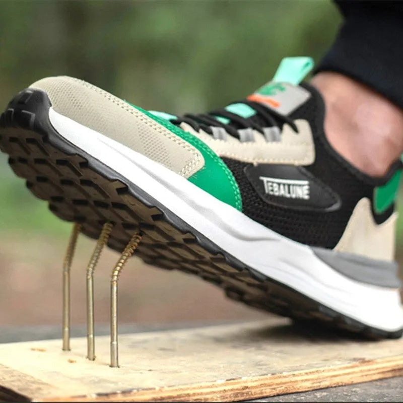 Black and green low-top lightweight mesh plastic steel toe safety shoes on white background