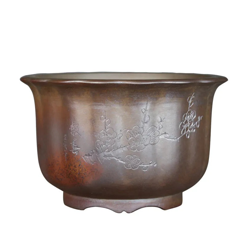 Purple sand ceramic flower pot with antique carved wood burning pattern for indoor bonsai plants