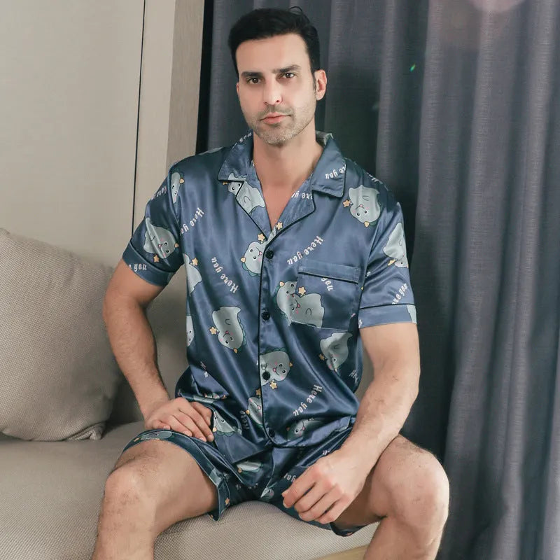 Ice silk short sleeve pajama set for men in cardigan style, beige, on a plain background