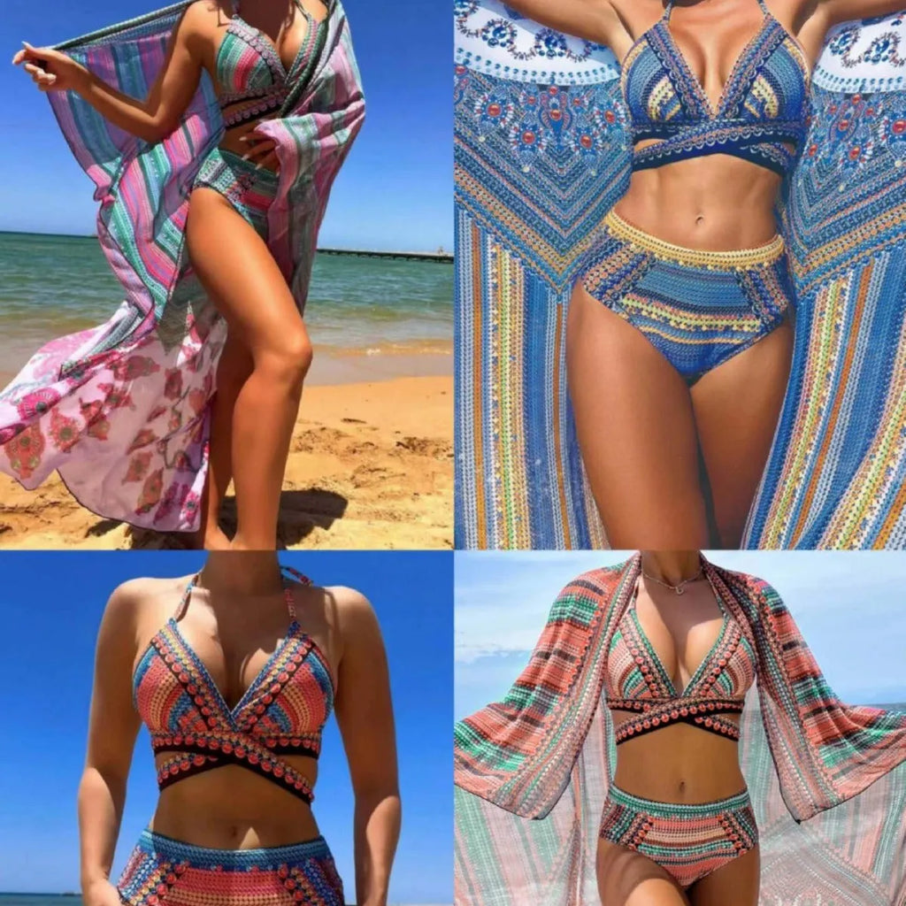 Women's blue cross bandage high waist bikini three-piece swimsuit set with veil on mannequin