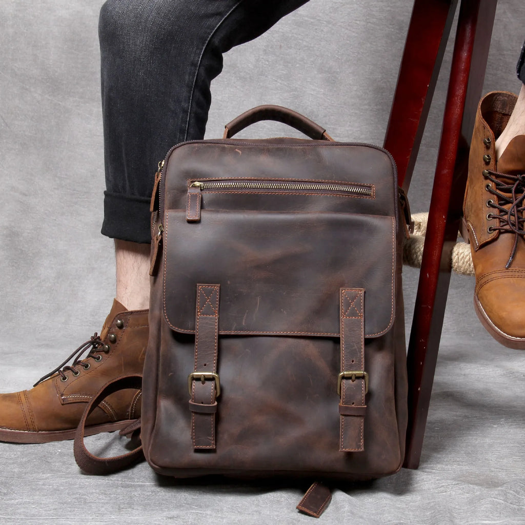 Retro crazy horse leather backpack first layer cowhide dark coffee colour with multiple pockets