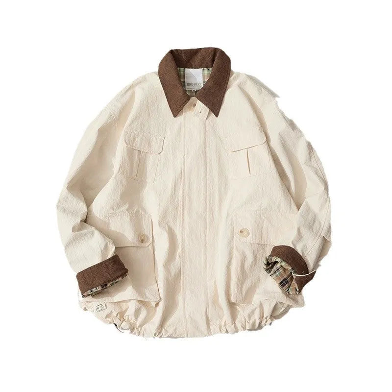 Green and apricot unisex casual jacket with long sleeves and side pockets