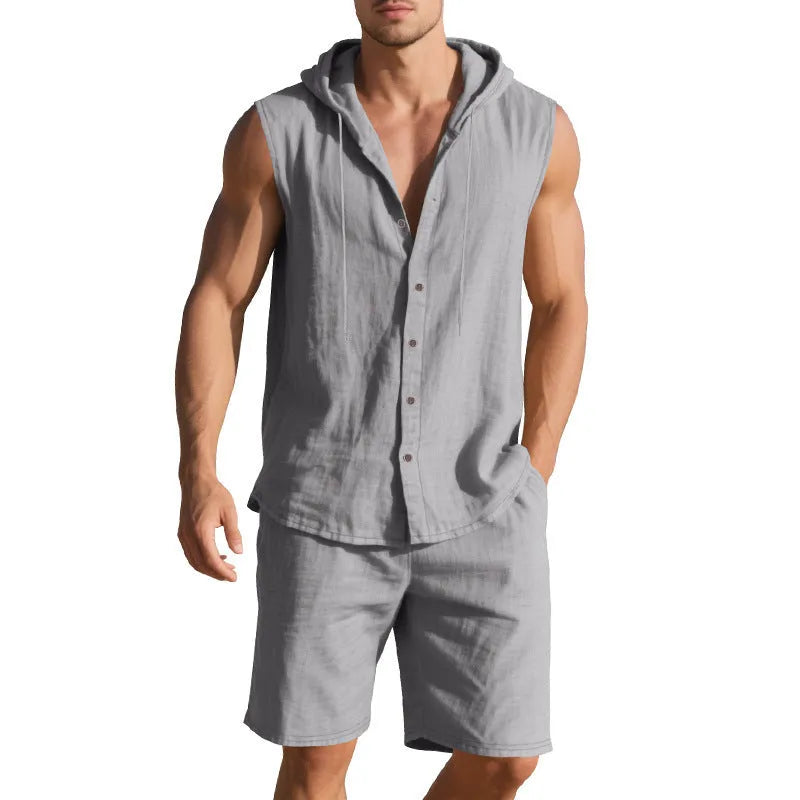 Men's linen sleeveless shirt and shorts suit set in army green, front view