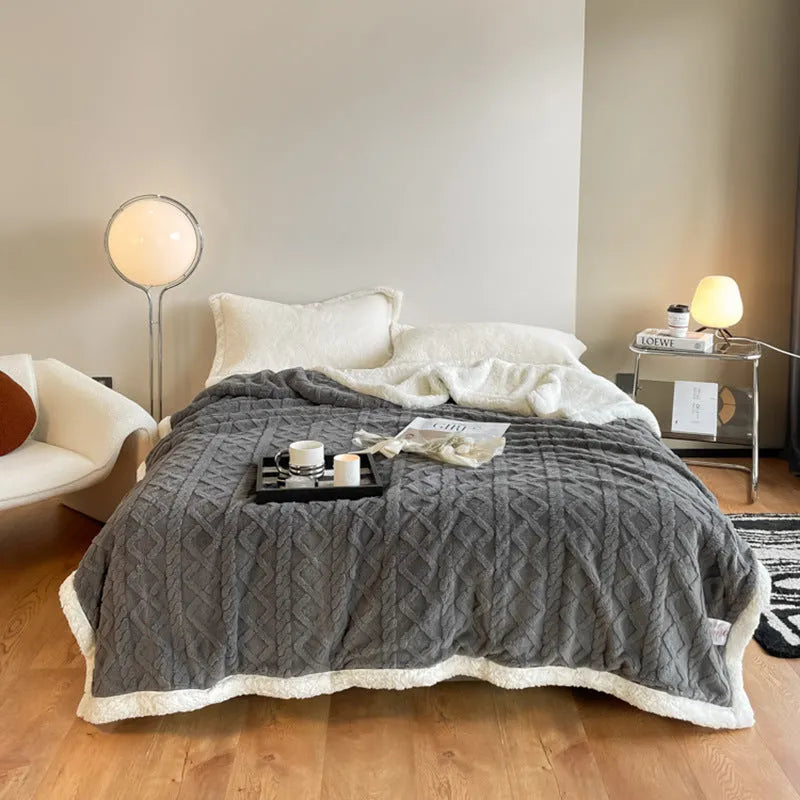 Polyester thermal flannel casual blanket in beige, shown folded, for winter bed or sofa use.