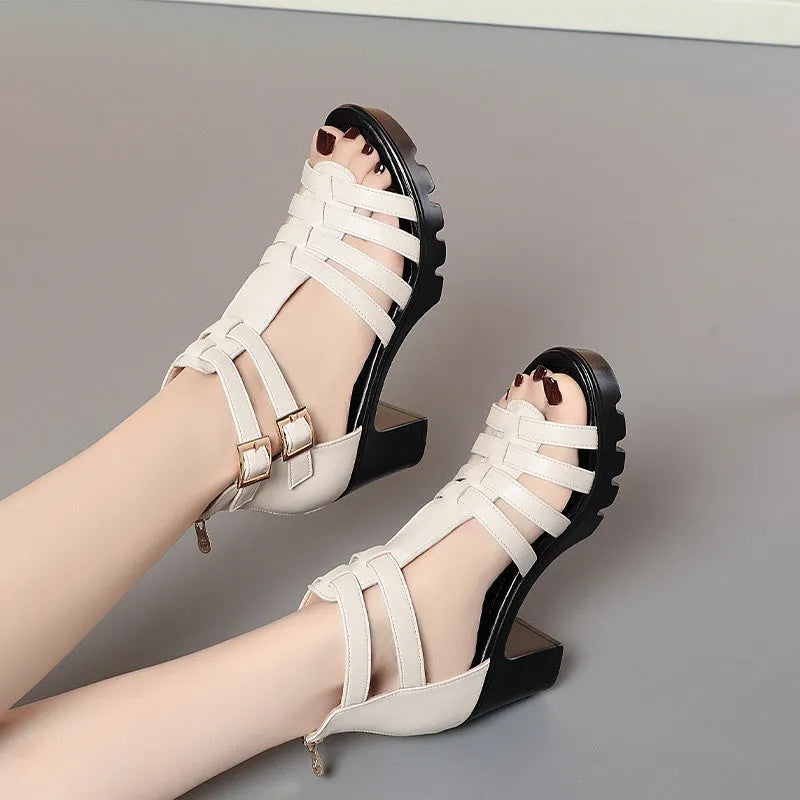 Summer hollow-out high heel shoes with rhinestone detailing, fish mouth toe, and buckle closure in beige